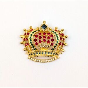 VTG Kenneth Jay Lane KJL Crown Brooch Pin Red Green Rhinestone Hollywood Regency